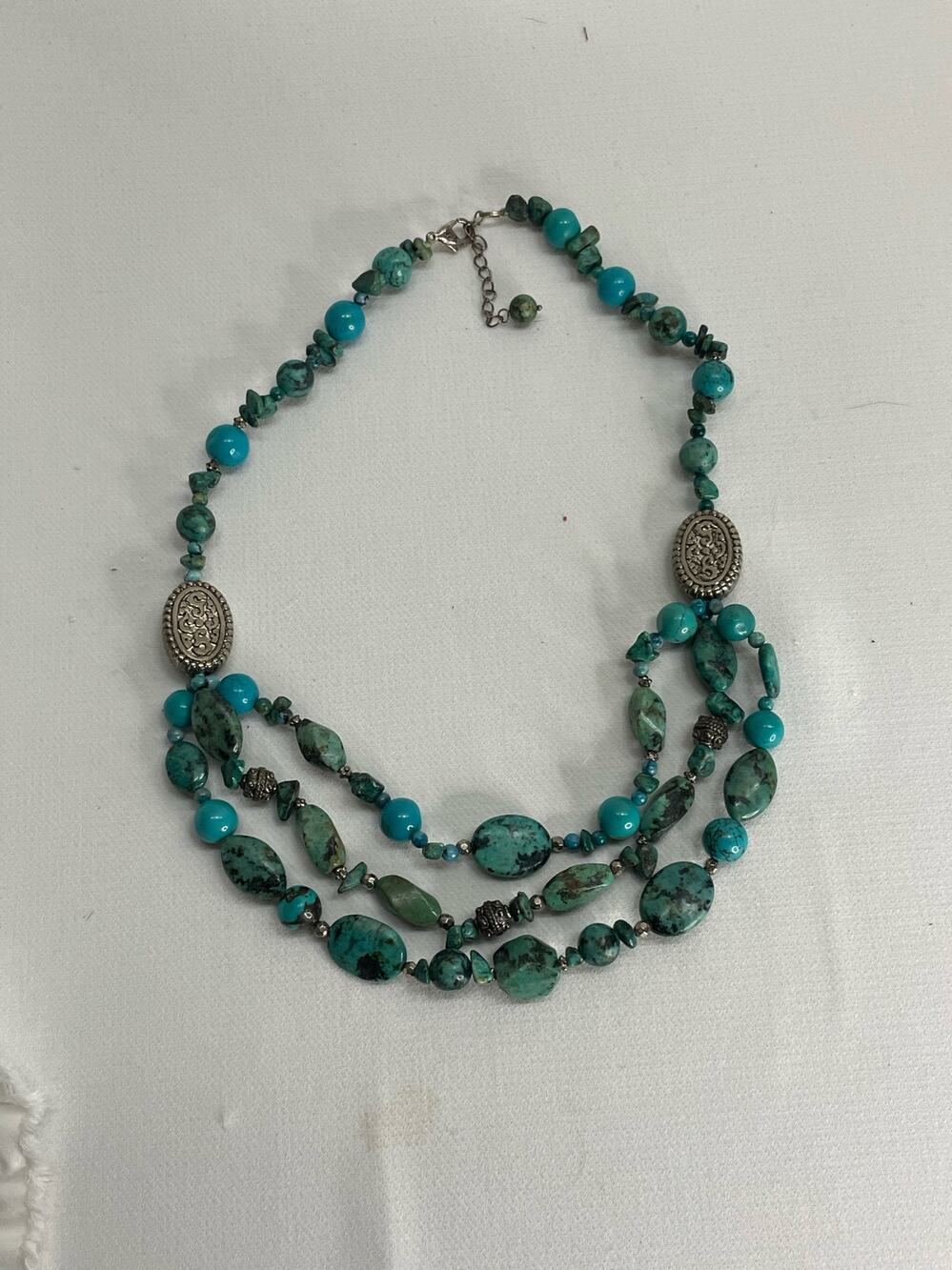 Natural Stone Necklace 3 Strand (Turquoise Look) Beaded Vintage Blue Silver Tone